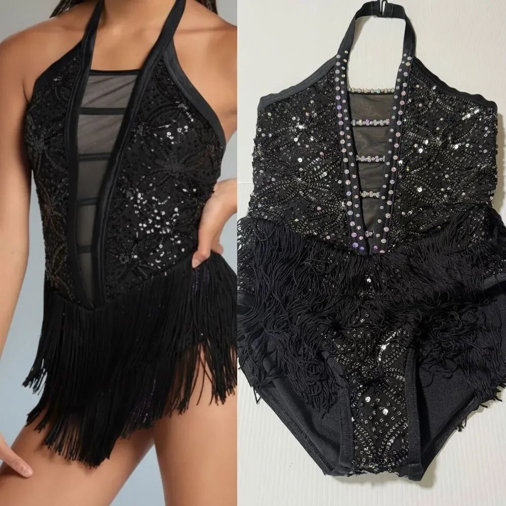 Weissman dance costume black sequin fringe flapper Clap Clap D12551 LC child